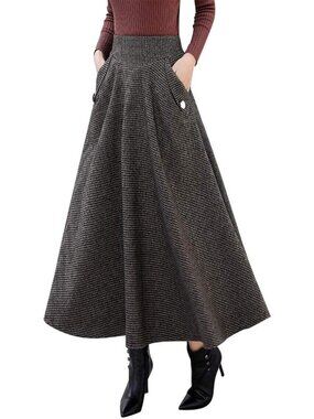 Women's Coffee Black Fall Winter High Waisted Wool Plaid A-line Long Maxi Skirt